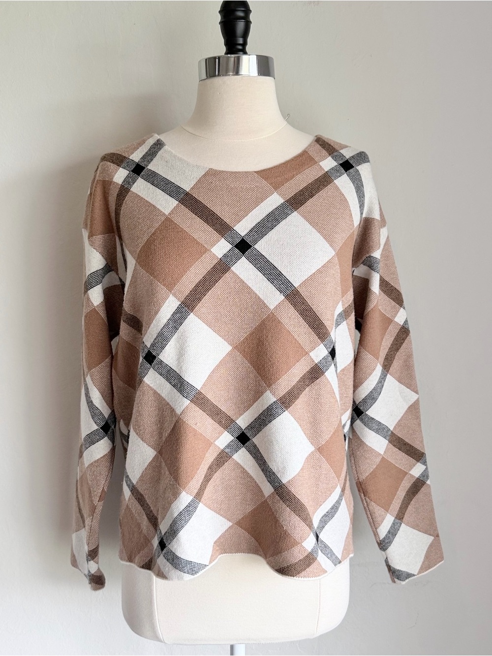 Rachel Zoe Plaid Crewneck Sweater in Beige, White, Black, Size Small, NWT